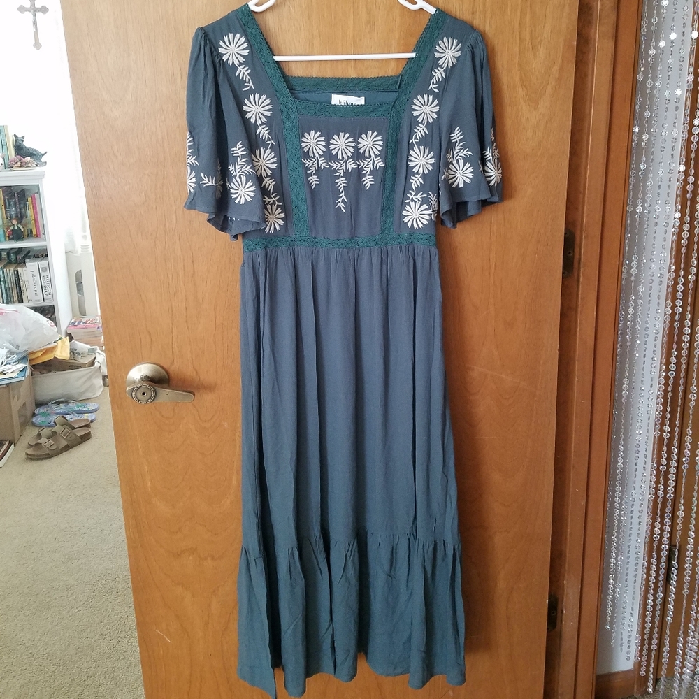 Bohme Kristin Teal Blue Embroidered Midi Dress